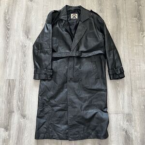 Vtg Phase 2 Genuine Leather Trench Coat Mens Size XL Black Double Breasted Lined
